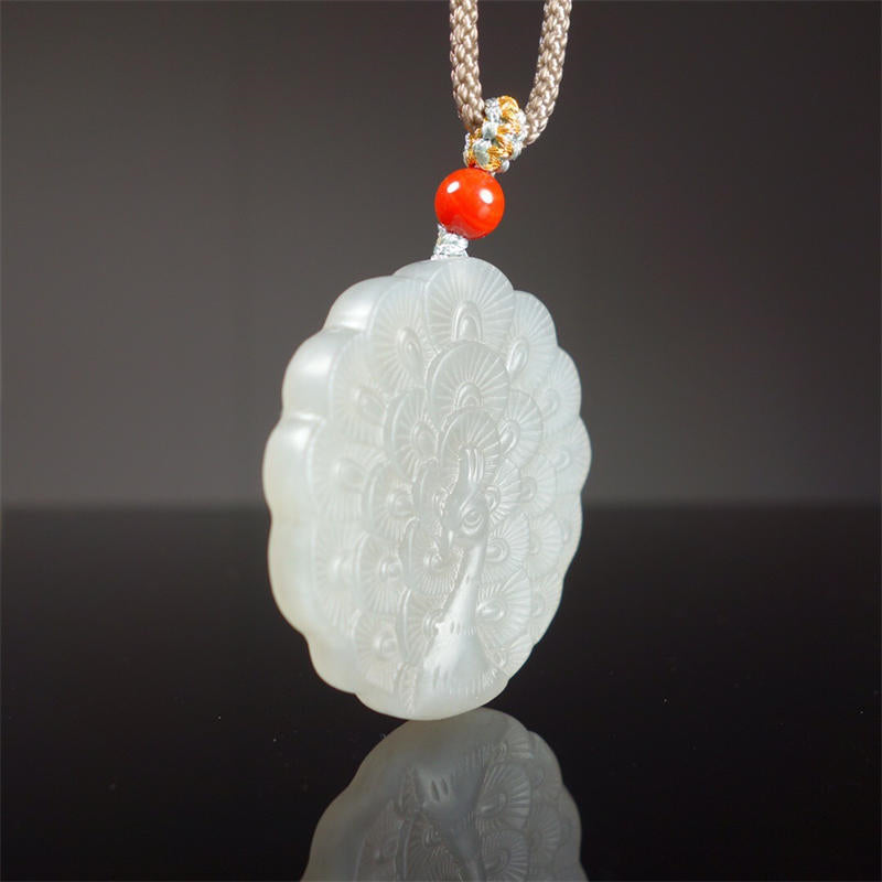 Mythstone White Jade Peacock Protection Blessing Necklace Pendant