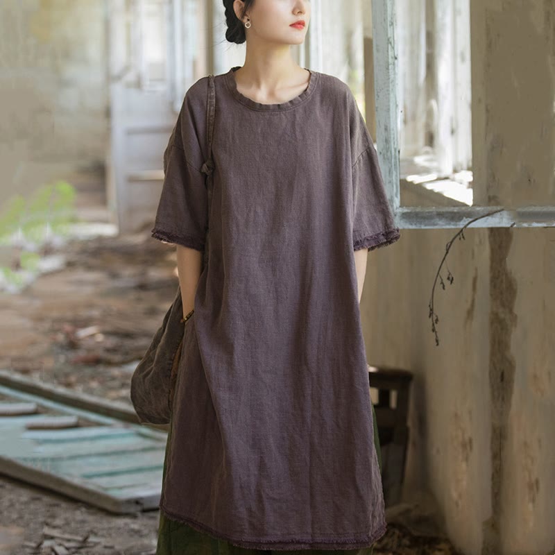 Mythstone Mid Length Dress Ramie Linen Half Sleeve Split Hem Top T-Shirt