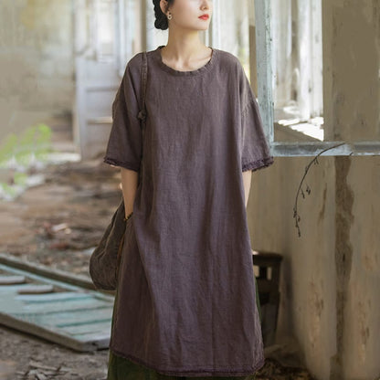 Mythstone Mid Length Dress Ramie Linen Half Sleeve Split Hem Top T-Shirt