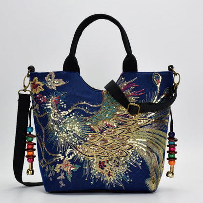 Mythstone Peacock Double-sided Embroidery Tote Bag Shoulder Bag Crossbody Bag