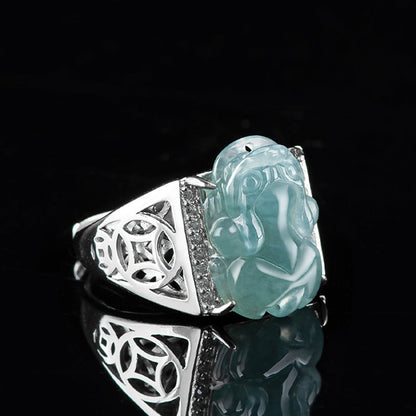 Mythstone 925 Sterling Silver Fengshui Wealth Prosperity Jade PiXiu Luck Ring