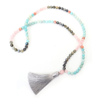 108 Mala Beads Amazonite Black Glitter Stone Positive Tassel Bracelet