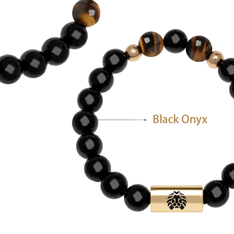 Mythstone Black Onyx Tiger Eye Bead Lion Engraved Protection Bracelet