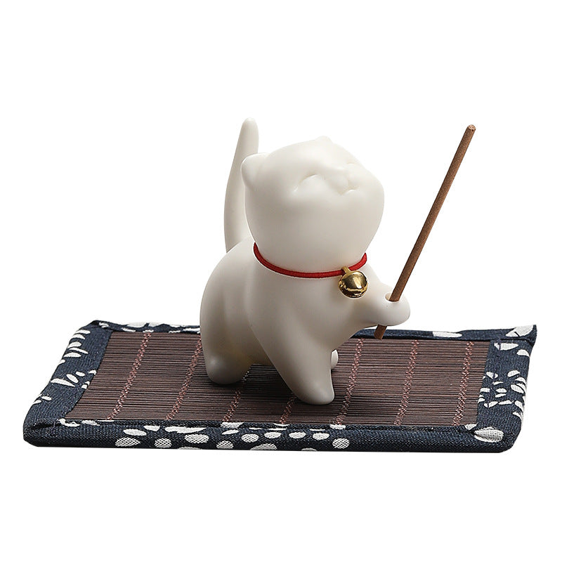 Mythstone Mini Lucky Cat Kitten Tea Pet Ceramic Home Desk Figurine Decoration With Bamboo Mat