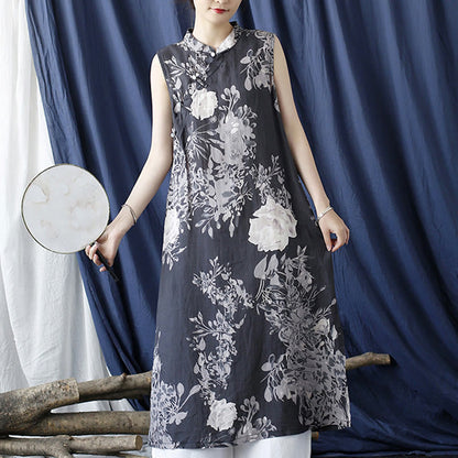 Mythstone Ancient Ramie Linen Flowers Printing Cheongsam Dresses Sleeveless Dress