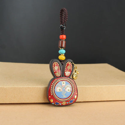 Tibet Ebony Five God of Wealth Thangka Key Chain