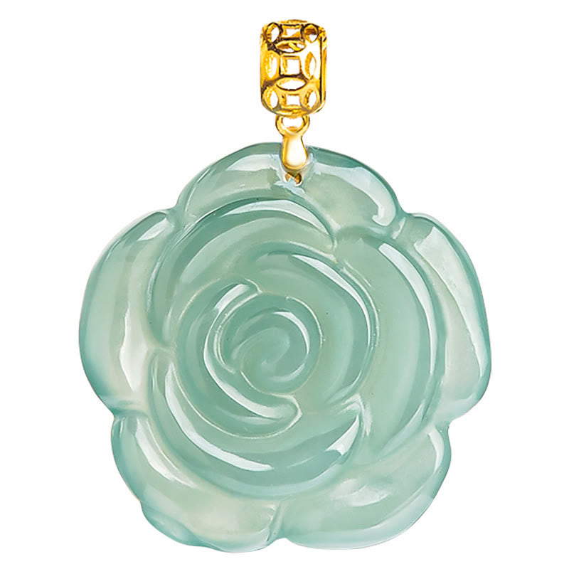 Mythstone 18K Gold 925 Sterling Silver Natural Jade Rose Luck Necklace Pendant