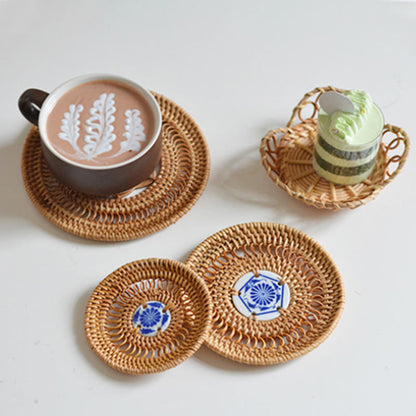 Mythstone Ceramic Flower Pattern Rattan Cup Mat Tea Cup Coaster