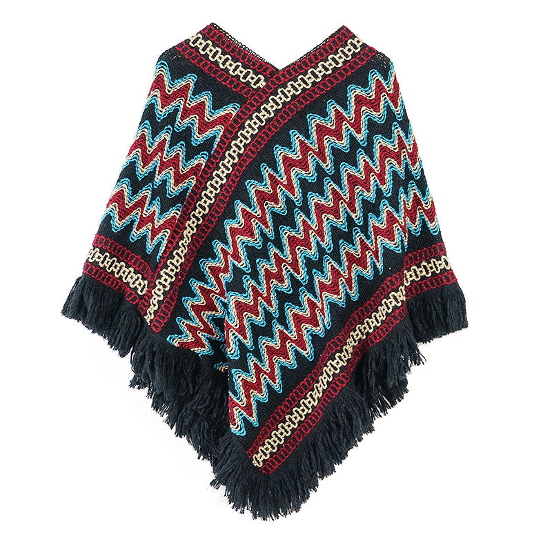 Mythstone Tibetan Shawl Striped Knitted Tassels Pullover Winter Cozy Travel Scarf Wrap