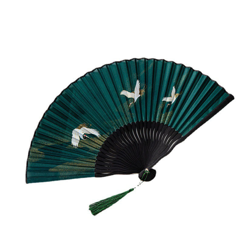 Mythstone Flying White Crane Sun Cloud Handheld Silk Bamboo Folding Fan 22cm