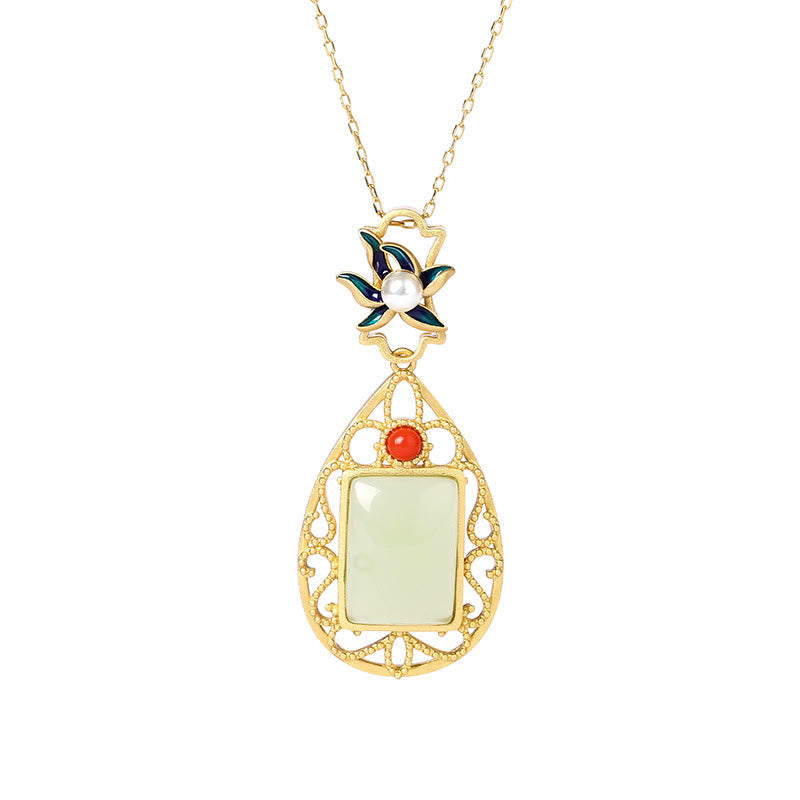 Mythstone Vintage Flower Jade Plated Gold Prosperity Necklace Pendant