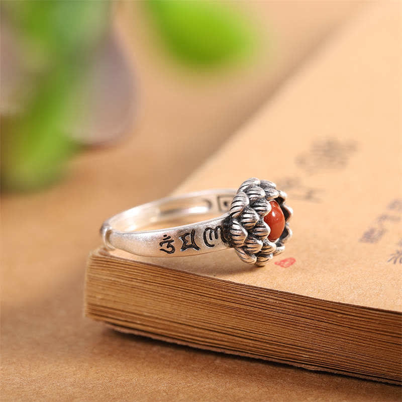 Mythstone 925 Sterling Silver Lotus Red Agate Confidence Blessing Ring