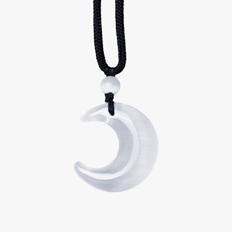 Mythstone Natural Silver Sheen Obsidian Selenite Crystal Crescent Moon Yin Yang Couple Protection Necklace Pendant