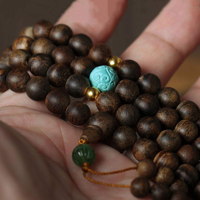 MythStone 108 Mala Beads Nha Trang Agarwood Turquoise Prayer Meditation Bracelet Mala