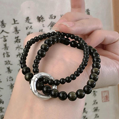 Mythstone 999 Sterling Silver Black Obsidian Fulfillment Strength Double Layer Bracelet