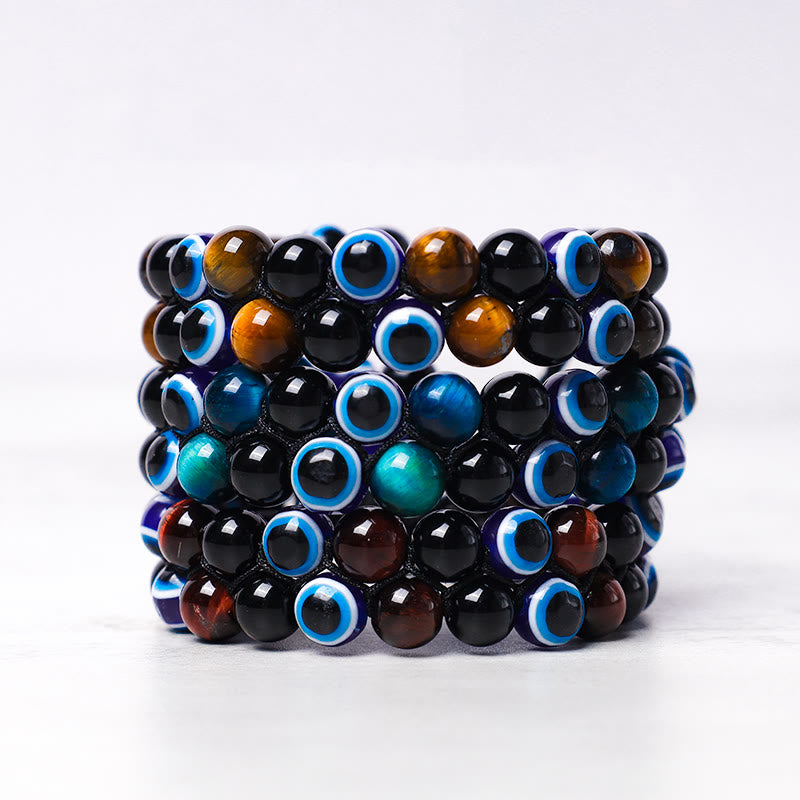 MythStone Evil Eye Hematite Tiger Eye Protection Beaded Bracelet