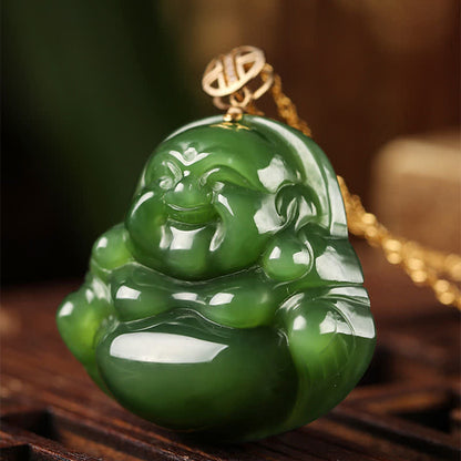 Mythstone 925 Sterling Silver Laughing Buddha Hetian Cyan Jade 18K Gold Success Necklace Chain Pendant