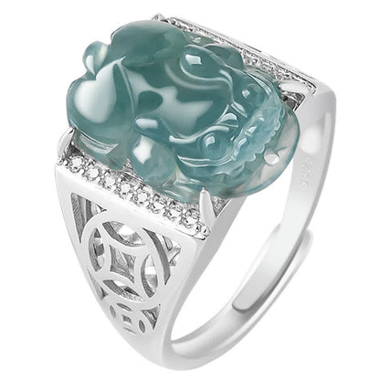 Mythstone 925 Sterling Silver Fengshui Wealth Prosperity Jade PiXiu Luck Ring