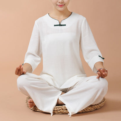 Mythstone 2Pcs Frog-Button Three Quarter Sleeve Shirt Top Pants Meditation Zen Tai Chi Linen Clothing Women's Set