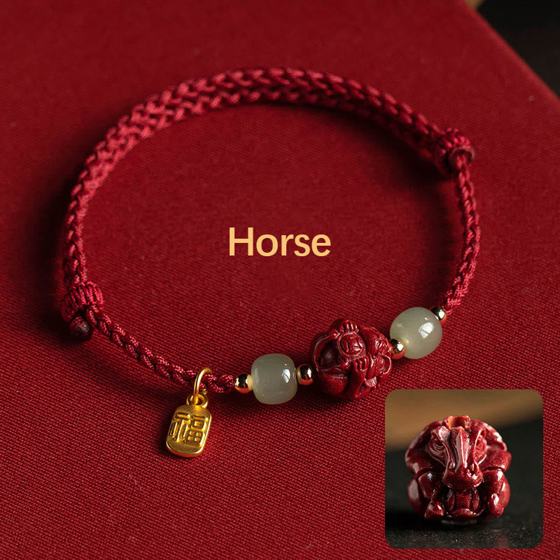 Mythstone Natural Cinnabar Chinese Zodiac Hetian Jade Fu Character Luck Rope Bracelet Bracelet Mythstone Horse(Wrist Circumference 14-18cm)