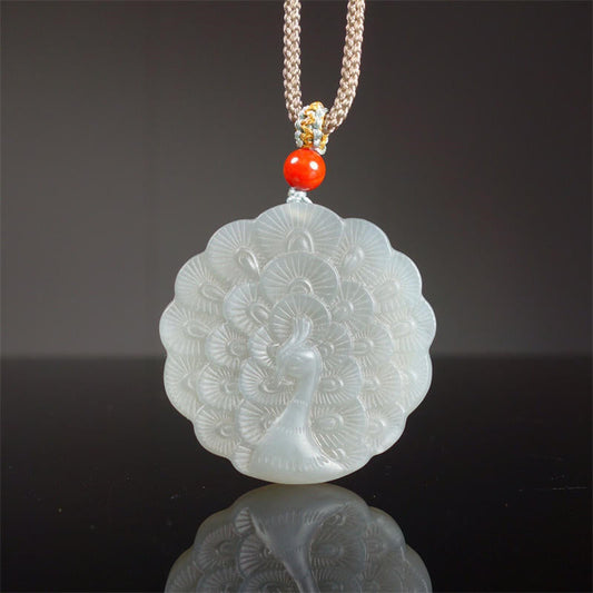 Mythstone White Jade Peacock Protection Blessing Necklace Pendant