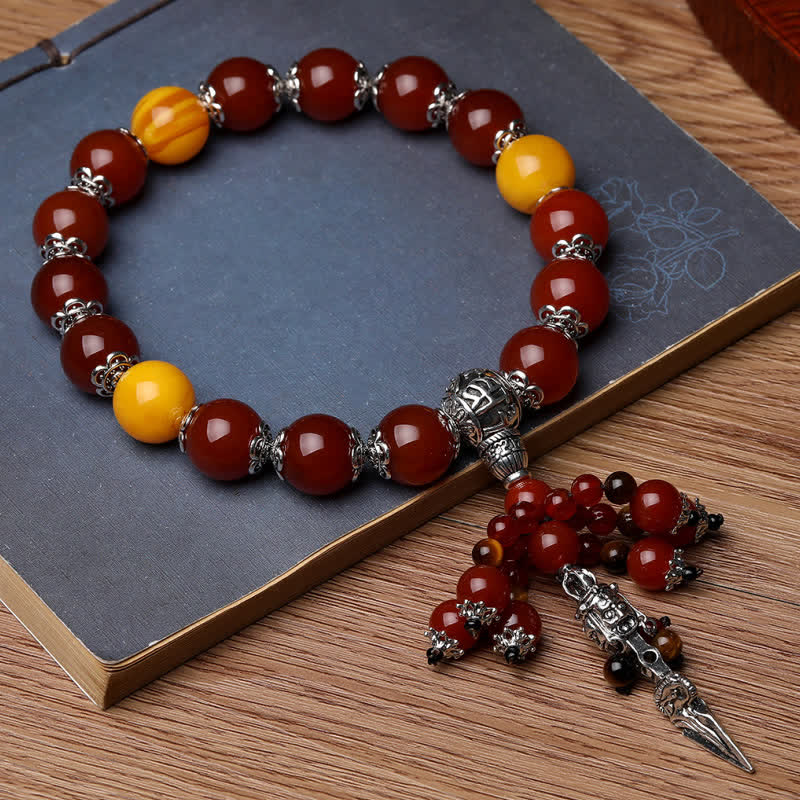 Mythstone Natural Tiger Eye Red Agate Dragon Vein Agate Stone Vajra Dorje Power Healing Bracelet Car Decoration