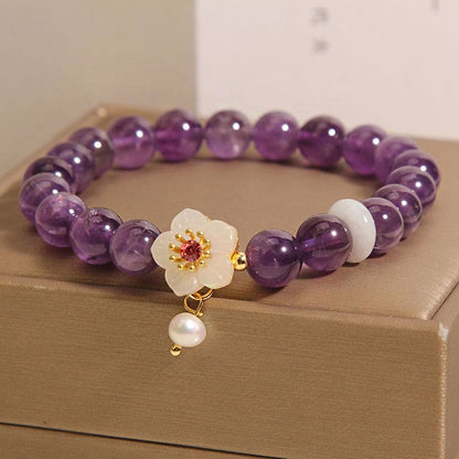 Mythstone Natural Amethyst White Agate Pearl Charm Balance Bracelet