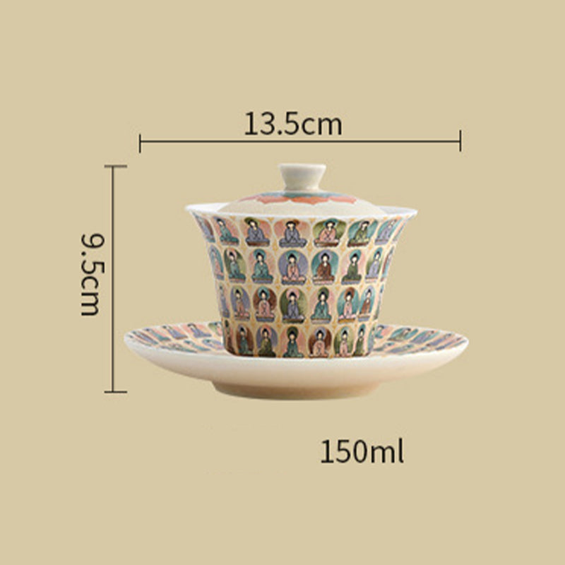 Taza de té de kung fu Gaiwan con tapa y diseño de apsaras voladoras de mil budas de Mythstone Dunhuang