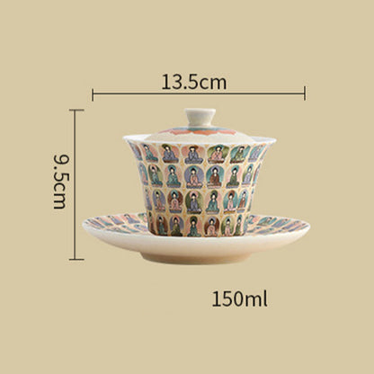 Taza de té de kung fu Gaiwan con tapa y diseño de apsaras voladoras de mil budas de Mythstone Dunhuang