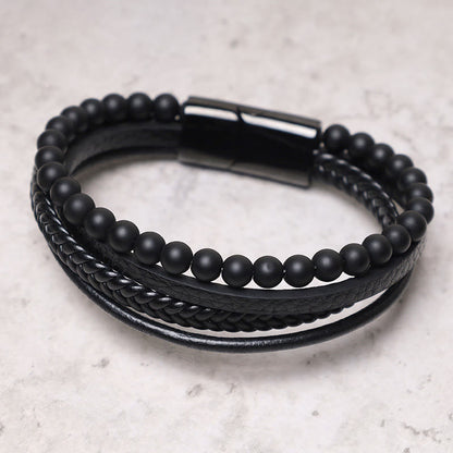 MythStone Natural Lava Rock Black Onyx Bead Leather Bracelet