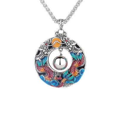 Mythstone Year of the Dragon Colorful Double Dragons Playing Bead Copper Protection Necklace Pendant