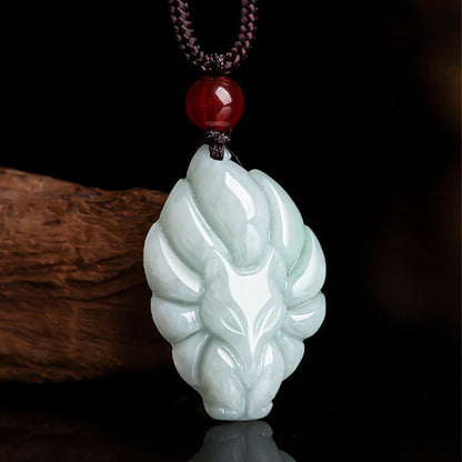 Mythstone Natural Jade Nine Tailed Fox Luck Prosperity Necklace Pendant