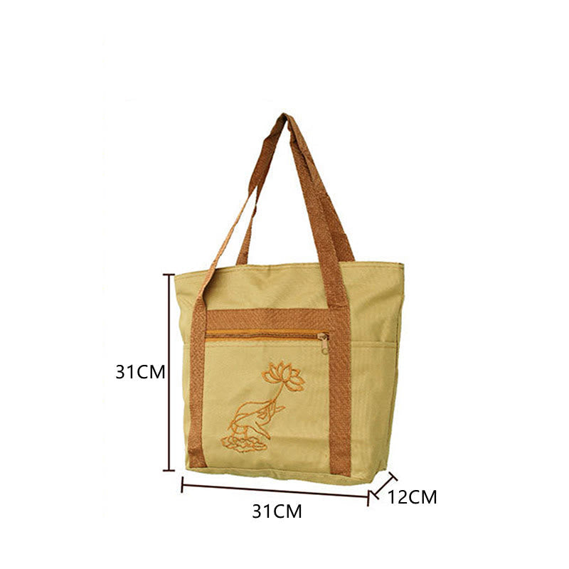 Mythstone Spiritual Mind Practice Lotus Embroidery Pattern Canvas Shoulder Bag Tote Bag