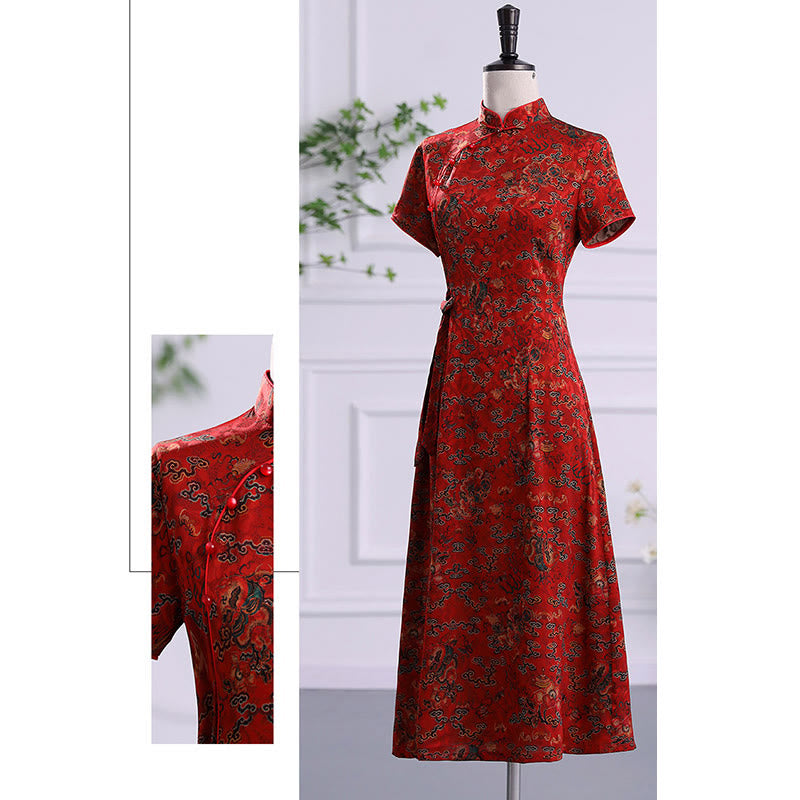 Mythstone Vintage Auspicious Clouds Leaf Print Cheongsam Dress Women's Qipao Dress