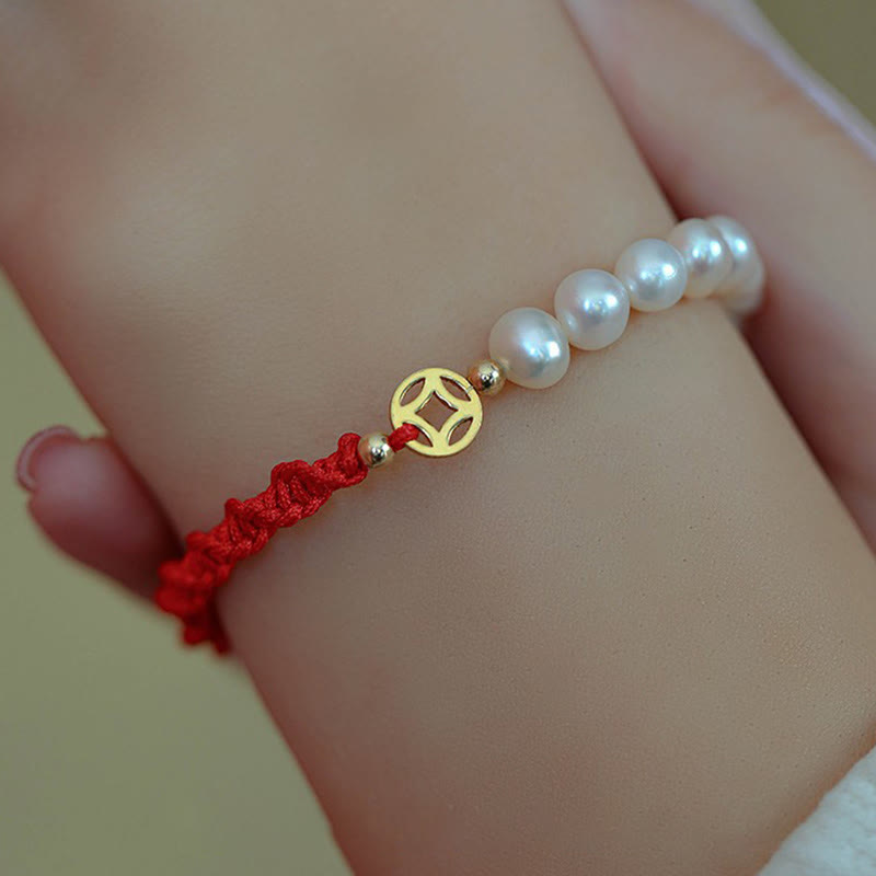 Mythstone 14K Gold Plated Pearl Bead Luck Protection Braid Red String Bracelet