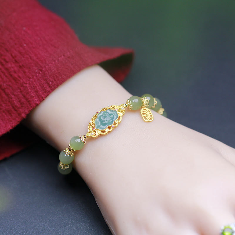 14K Gold Plated 925 Sterling Silver Hetian Jade Lotus Luck Bracelet