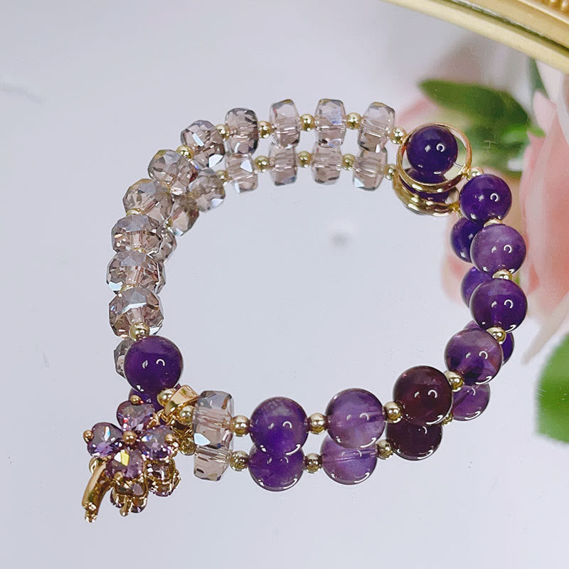 Mythstone Amethyst Crystal Four Leaf Clover Healing Charm Bracelet