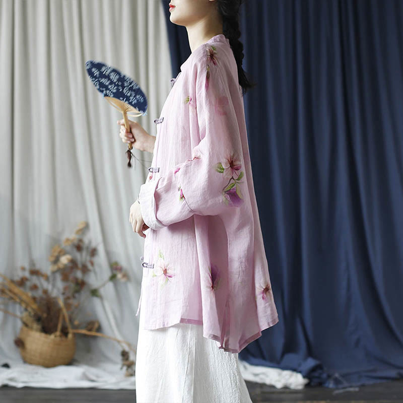 Mythstone Pink Flower Print Frog-button Design Batwing Long Sleeve Ramie Linen Jacket Shirt