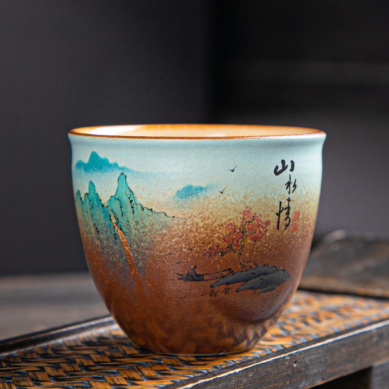 Mythstone Colorful Deer Pipa Snow Plum Blossoms Mountains Rivers Bird Ceramic Teacup Kung Fu Tea Cup Bowl