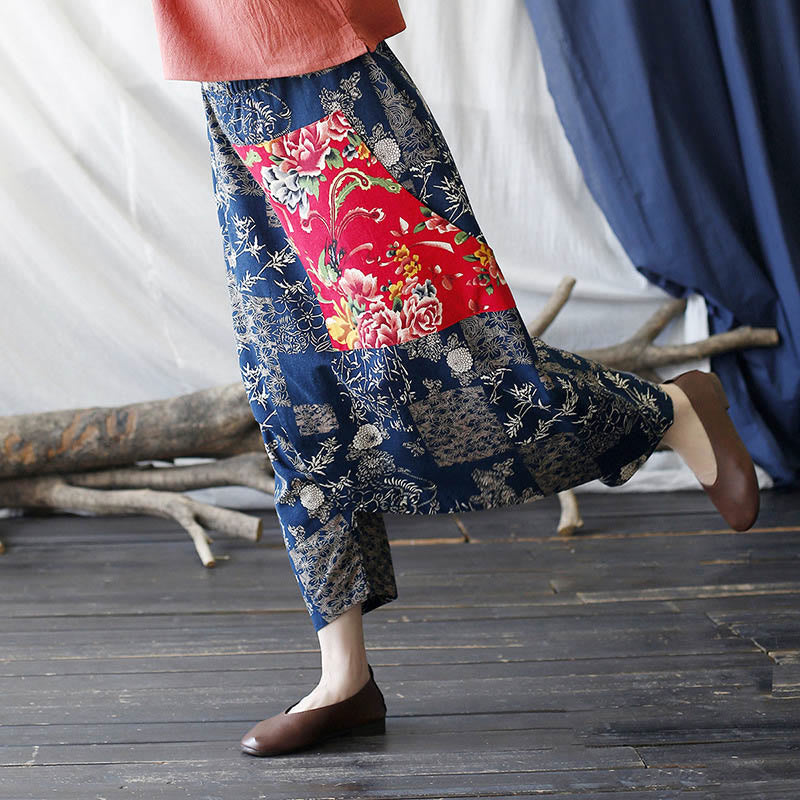 Pantalones harén de lino y algodón con bolsillos, diseño de peonías rojas, bambú azul y crisantemo, patchwork 