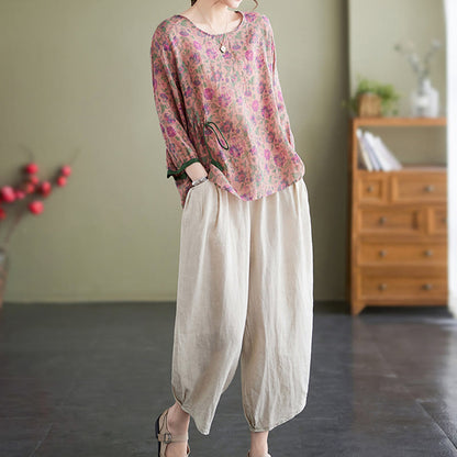 Mythstone 2Pcs Small Flower Tee T-shirt Cotton Linen Harem Pants Set