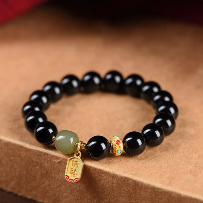 Mythstone Black Onyx Hetian Jade Bead Lucky Fortune Charm Bracelet