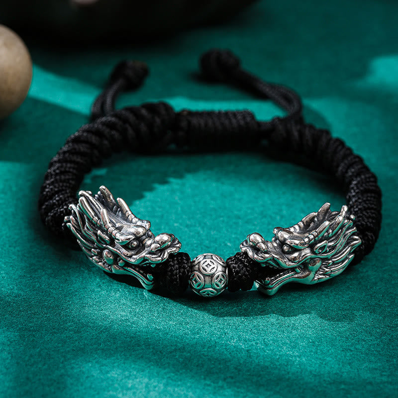 Mythstone 999 Sterling Silver Double Dragon Luck Handmade Braided Bracelet