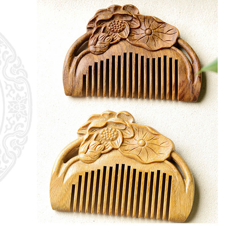 Mythstone Natural Green Sandalwood Lotus Flower Leaf Engraved Soothing Comb