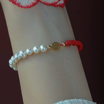 Mythstone 14K Gold Plated Pearl Bead Luck Protection Braid Red String Bracelet