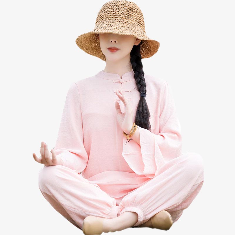 Mythstone 2Pcs Plain Design Top Pants Meditation Yoga Zen Tai Chi Cotton Linen Clothing Women's Set