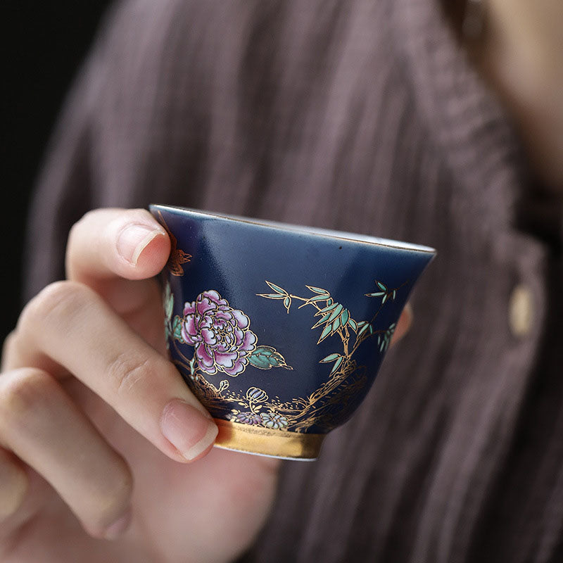 Mythstone Golden Magpie Peony Flower Ceramic Teacup Kung Fu Tea Cup