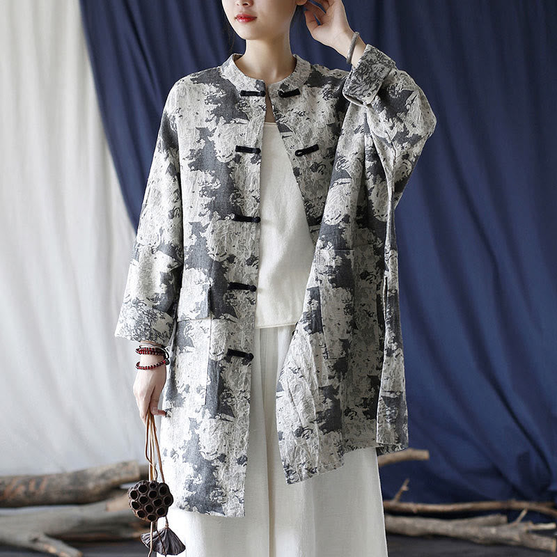 Mythstone Black Gray Beige Print Frog-button Design Long Sleeve Cotton Linen Jacket Shirt With Pockets