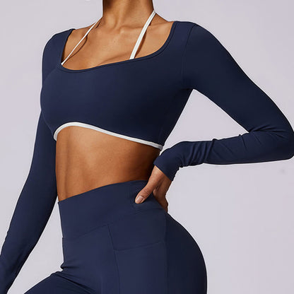 Mythstone Solid Color Halter Neck Bra Long Sleeve Crop Tank Top Pants Sports Fitness Gym Yoga Outfits