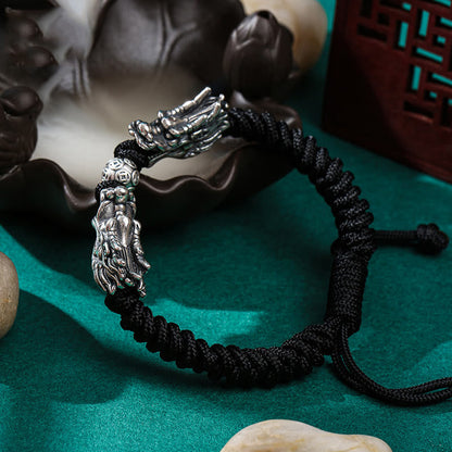 Mythstone 999 Sterling Silver Double Dragon Luck Handmade Braided Bracelet